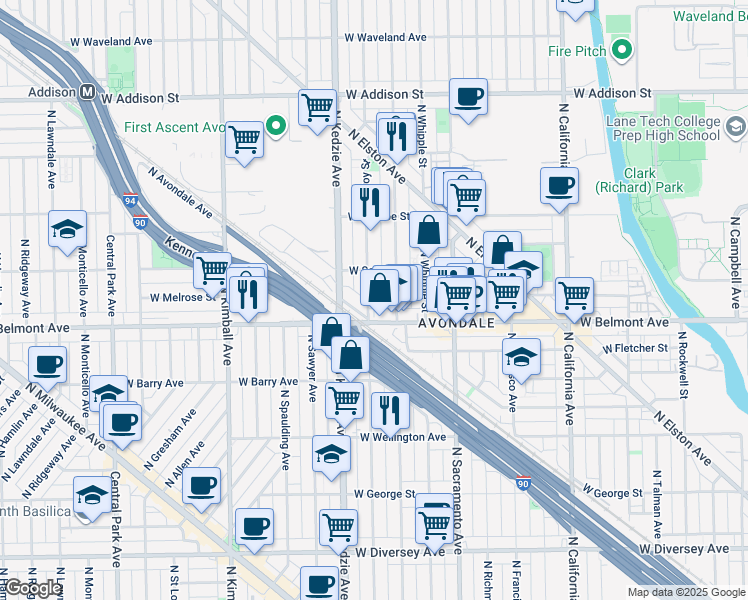 map of restaurants, bars, coffee shops, grocery stores, and more near 3223 North Troy Street in Chicago