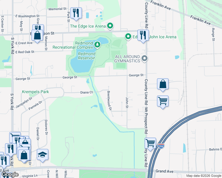 map of restaurants, bars, coffee shops, grocery stores, and more near 801 Brentwood Drive in Bensenville