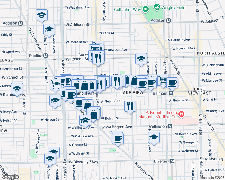 map of restaurants, bars, coffee shops, grocery stores, and more near 1300 West Belmont Avenue in Chicago