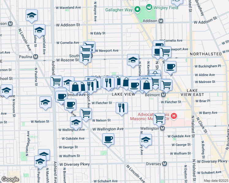 map of restaurants, bars, coffee shops, grocery stores, and more near 1224 West Belmont Avenue in Chicago