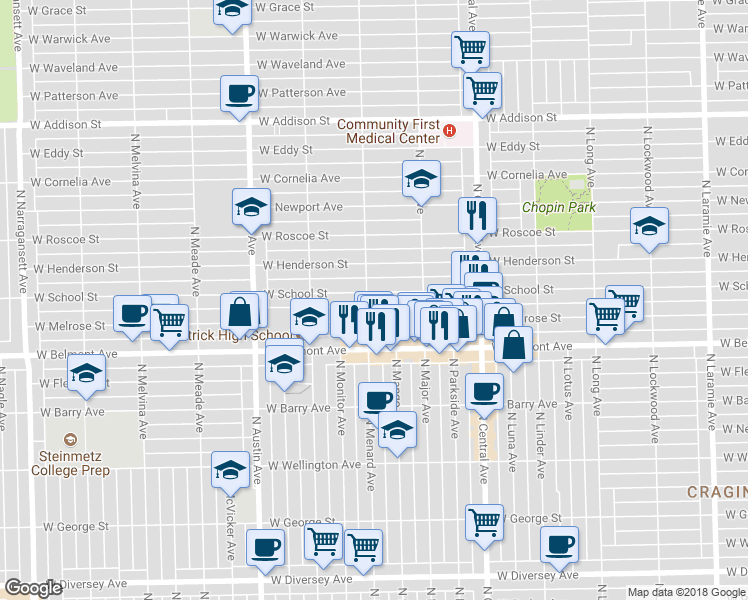 map of restaurants, bars, coffee shops, grocery stores, and more near 5753 West School Street in Chicago