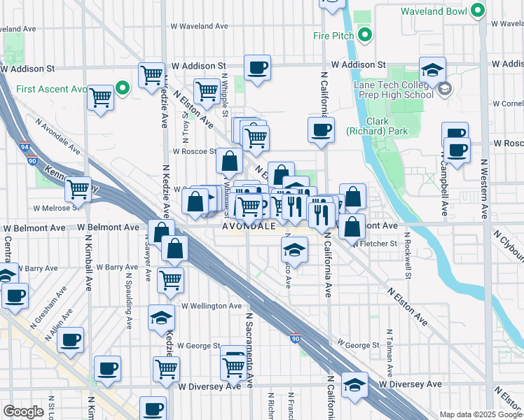 map of restaurants, bars, coffee shops, grocery stores, and more near 3218 N Richmond St in Chicago