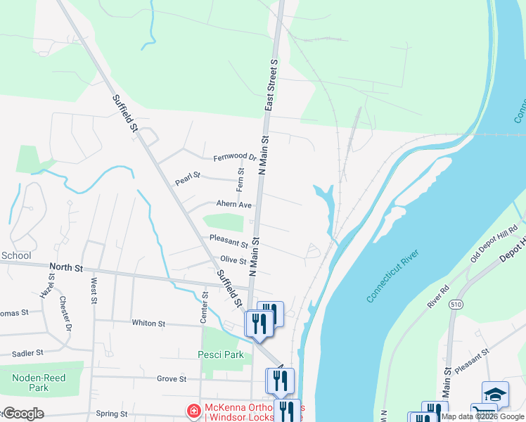 map of restaurants, bars, coffee shops, grocery stores, and more near 57 North Main Street in Windsor Locks