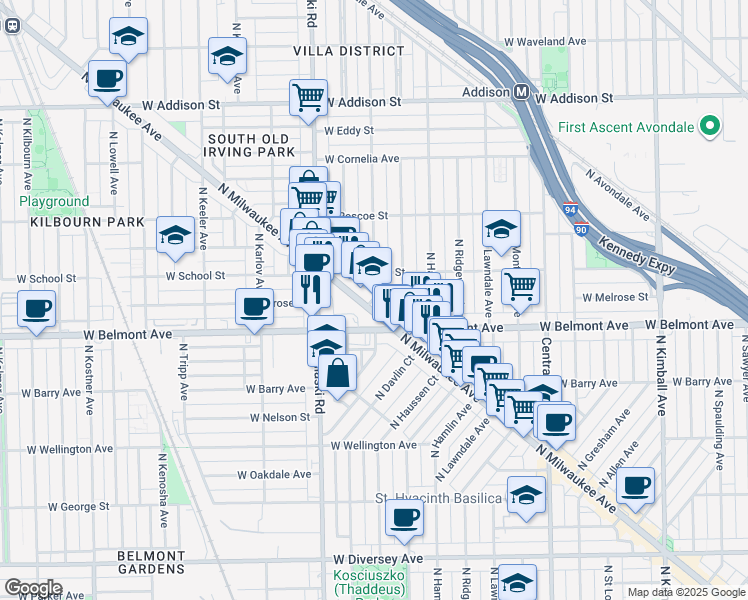 map of restaurants, bars, coffee shops, grocery stores, and more near 3231 North Springfield Avenue in Chicago