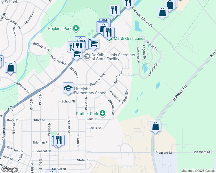 map of restaurants, bars, coffee shops, grocery stores, and more near 1609 Oakwood Avenue in DeKalb