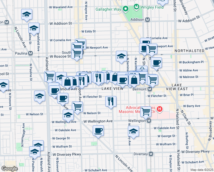 map of restaurants, bars, coffee shops, grocery stores, and more near 1224 West Belmont Avenue in Chicago