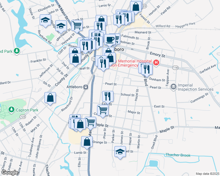 map of restaurants, bars, coffee shops, grocery stores, and more near 114 Pine Street in Attleboro