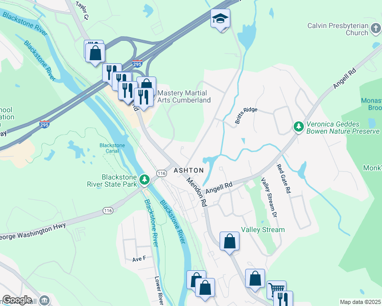 map of restaurants, bars, coffee shops, grocery stores, and more near 19 Scott Road in Cumberland