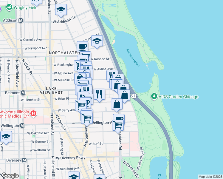 map of restaurants, bars, coffee shops, grocery stores, and more near 421 West Belmont Avenue in Chicago