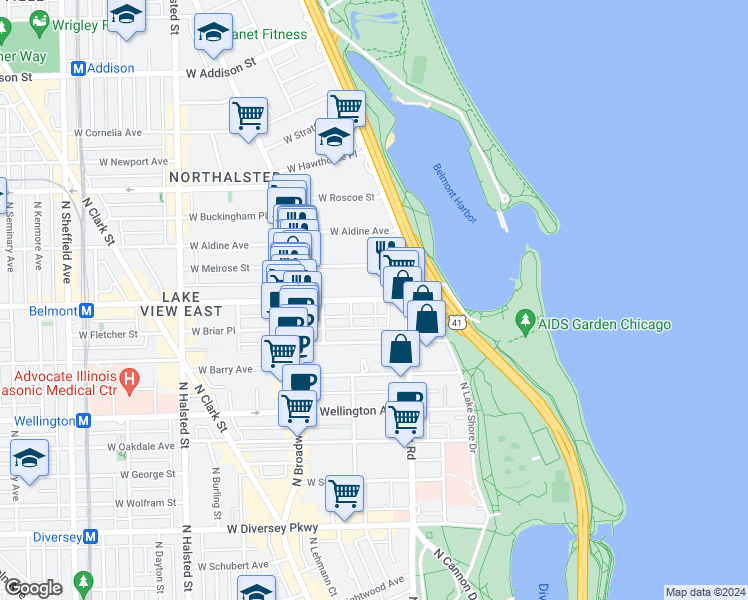 map of restaurants, bars, coffee shops, grocery stores, and more near 421 West Belmont Avenue in Chicago