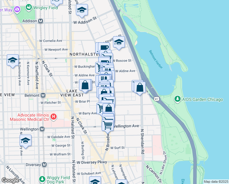 map of restaurants, bars, coffee shops, grocery stores, and more near 535 West Belmont Avenue in Chicago