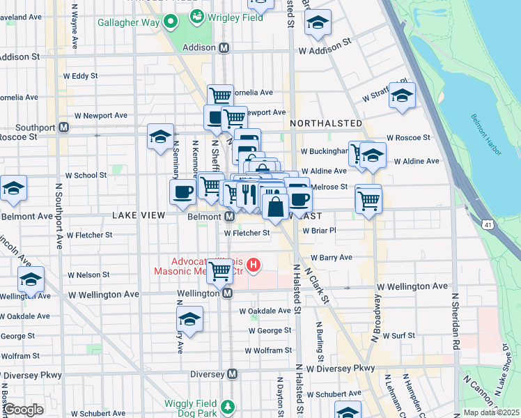 map of restaurants, bars, coffee shops, grocery stores, and more near 901 West Belmont Avenue in Chicago