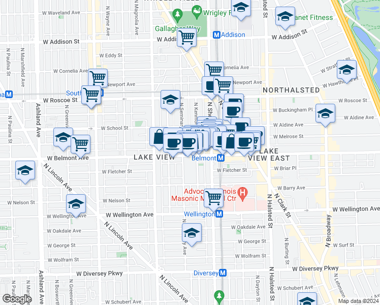 map of restaurants, bars, coffee shops, grocery stores, and more near 1034 West Belmont Avenue in Chicago
