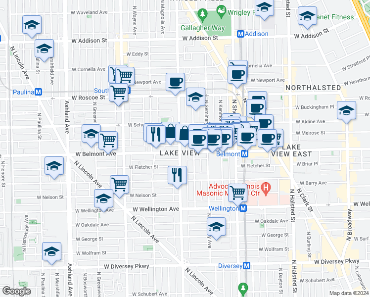 map of restaurants, bars, coffee shops, grocery stores, and more near in Chicago