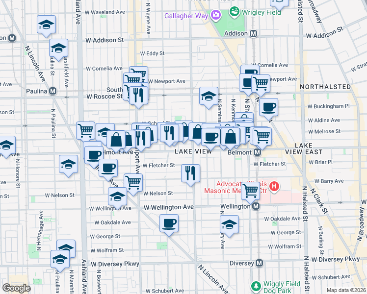 map of restaurants, bars, coffee shops, grocery stores, and more near 1222 West Belmont Avenue in Chicago