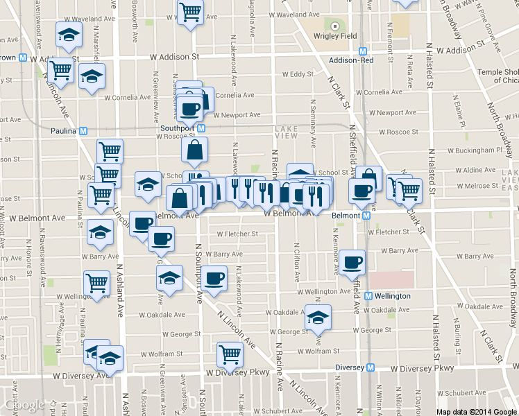 map of restaurants, bars, coffee shops, grocery stores, and more near 1224 West Belmont Avenue in Chicago