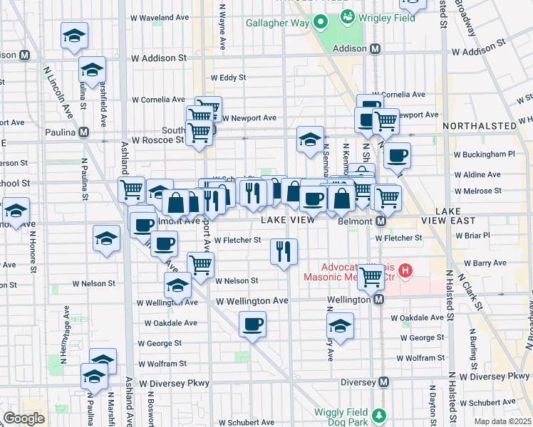 map of restaurants, bars, coffee shops, grocery stores, and more near 1224 West Belmont Avenue in Chicago