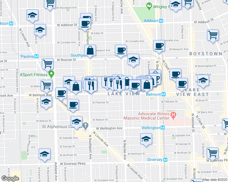 map of restaurants, bars, coffee shops, grocery stores, and more near 1224 West Belmont Avenue in Chicago