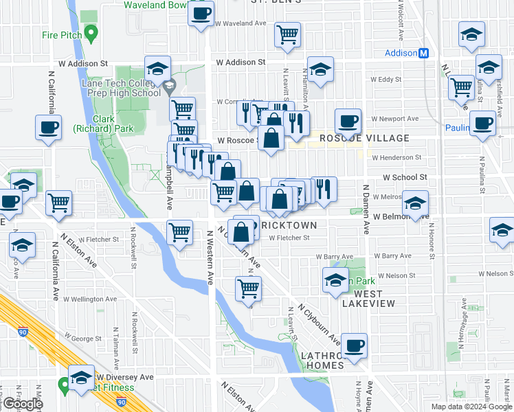 map of restaurants, bars, coffee shops, grocery stores, and more near 3209 North Oakley Avenue in Chicago