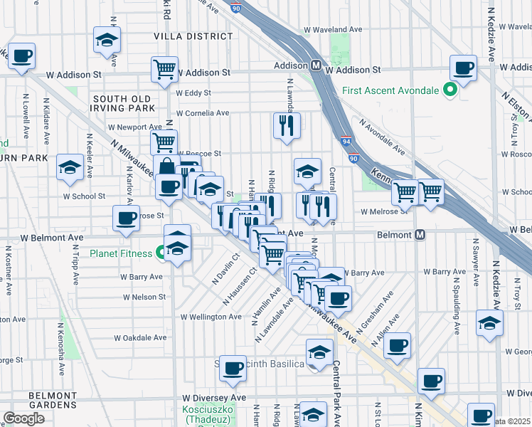 map of restaurants, bars, coffee shops, grocery stores, and more near 3228 North Ridgeway Avenue in Chicago