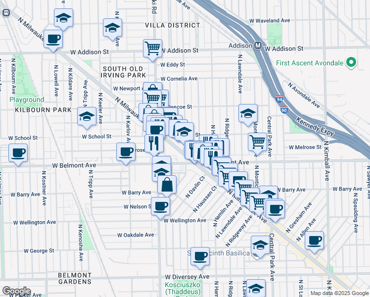 map of restaurants, bars, coffee shops, grocery stores, and more near 3231 North Springfield Avenue in Chicago