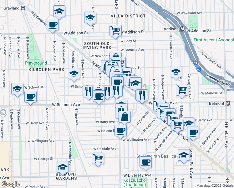 map of restaurants, bars, coffee shops, grocery stores, and more near 3224 North Pulaski Road in Chicago