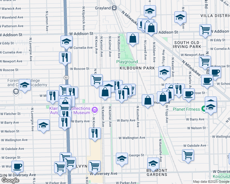 map of restaurants, bars, coffee shops, grocery stores, and more near 3232 North Kilbourn Avenue in Chicago