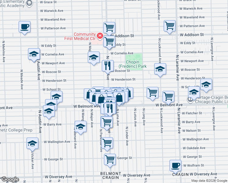 map of restaurants, bars, coffee shops, grocery stores, and more near 3246 North Central Avenue in Chicago