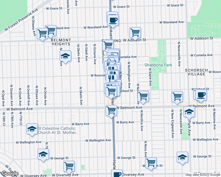 map of restaurants, bars, coffee shops, grocery stores, and more near 3302 North Harlem Avenue in Chicago