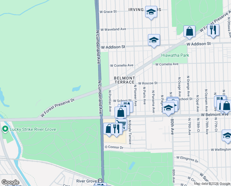 map of restaurants, bars, coffee shops, grocery stores, and more near 3322 North Plainfield Avenue in Chicago