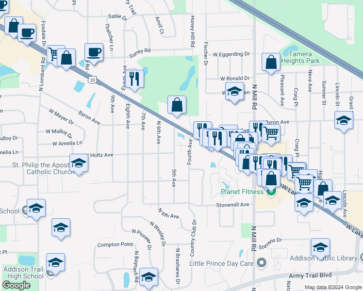 map of restaurants, bars, coffee shops, grocery stores, and more near 709 Fourth Avenue in Addison