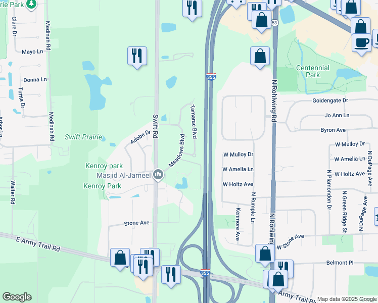 map of restaurants, bars, coffee shops, grocery stores, and more near 659 Meadows Boulevard in Addison