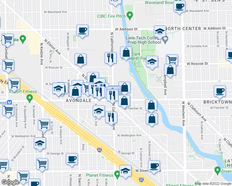 map of restaurants, bars, coffee shops, grocery stores, and more near 3217 North California Avenue in Chicago