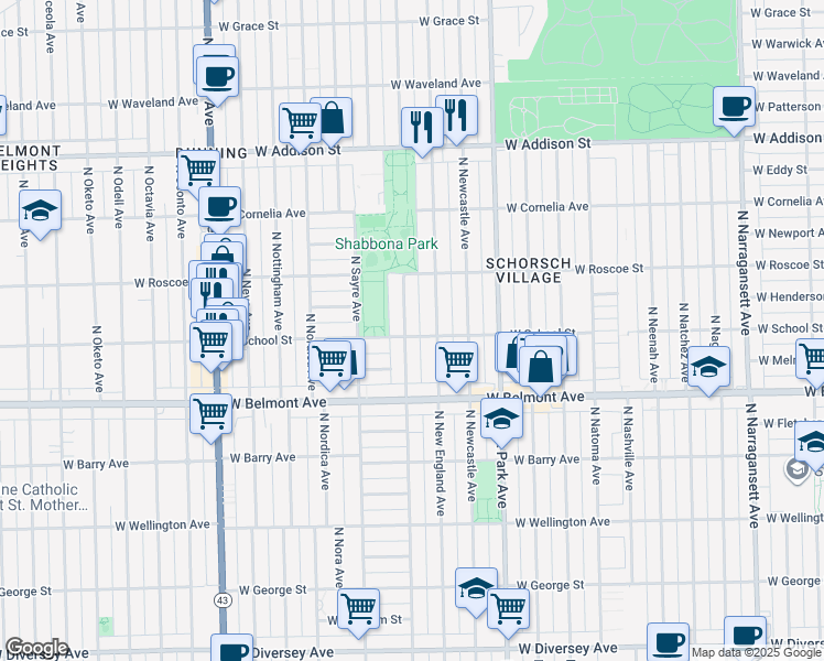 map of restaurants, bars, coffee shops, grocery stores, and more near 3301 North Newland Avenue in Chicago