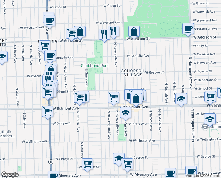 map of restaurants, bars, coffee shops, grocery stores, and more near 3301 North New England Avenue in Chicago
