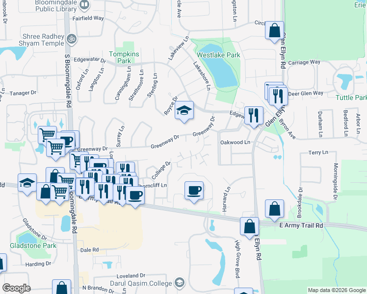 map of restaurants, bars, coffee shops, grocery stores, and more near 315 Indiana Court in Bloomingdale