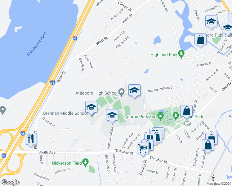 map of restaurants, bars, coffee shops, grocery stores, and more near 261 Rome Boulevard in Attleboro