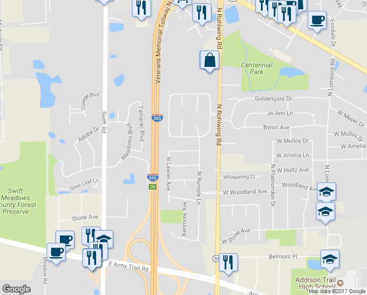 map of restaurants, bars, coffee shops, grocery stores, and more near 1836 West Mulloy Drive in Addison