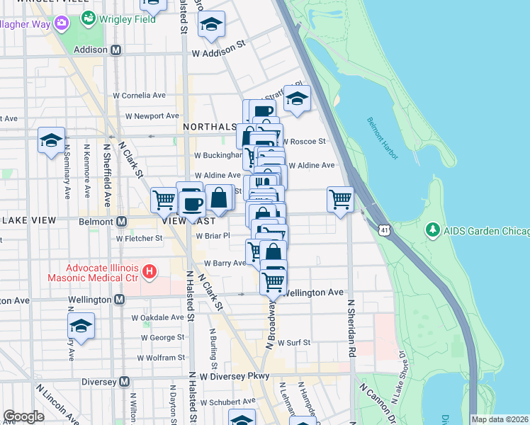 map of restaurants, bars, coffee shops, grocery stores, and more near 600 West Belmont Avenue in Chicago