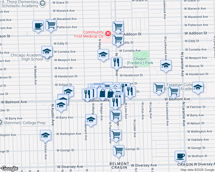 map of restaurants, bars, coffee shops, grocery stores, and more near 5635 West School Street in Chicago