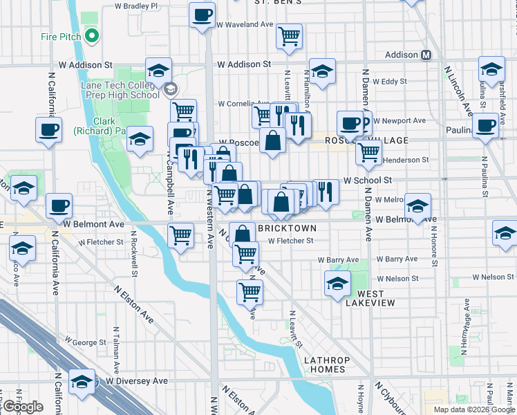 map of restaurants, bars, coffee shops, grocery stores, and more near 2253 West Melrose Street in Chicago
