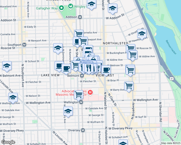 map of restaurants, bars, coffee shops, grocery stores, and more near 924 West Belmont Avenue in Chicago