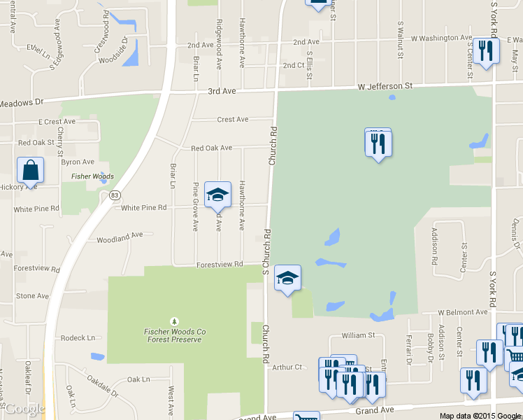 map of restaurants, bars, coffee shops, grocery stores, and more near 16W575 White Pine Road in Bensenville