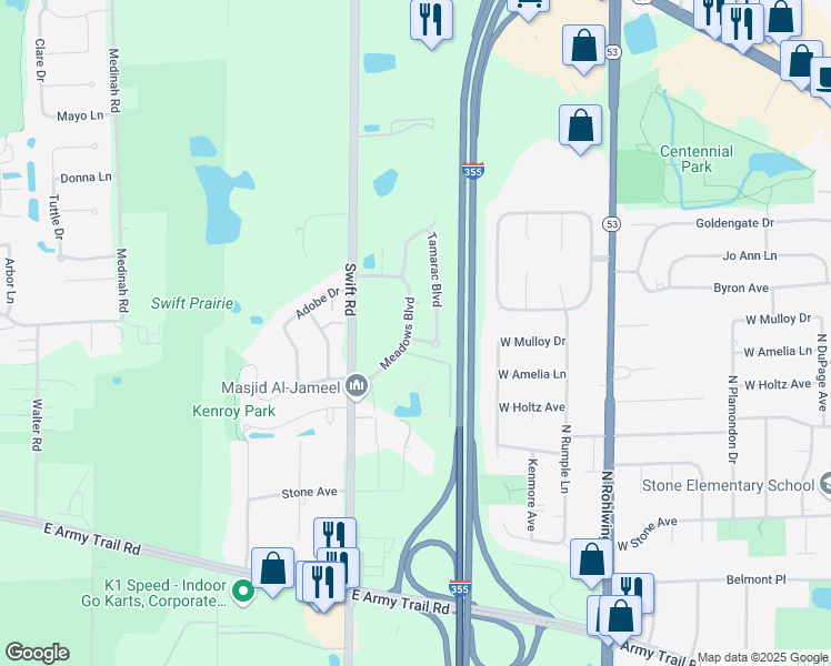map of restaurants, bars, coffee shops, grocery stores, and more near 659 Meadows Boulevard in Addison