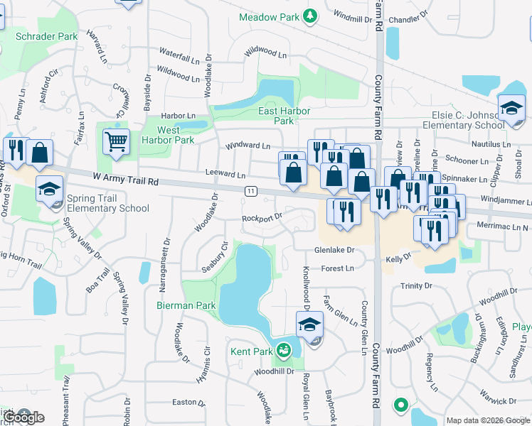 map of restaurants, bars, coffee shops, grocery stores, and more near 1068 Rockport Drive in Carol Stream
