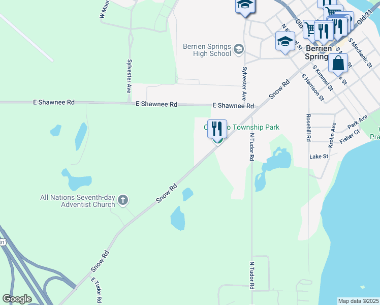 map of restaurants, bars, coffee shops, grocery stores, and more near in Berrien Springs