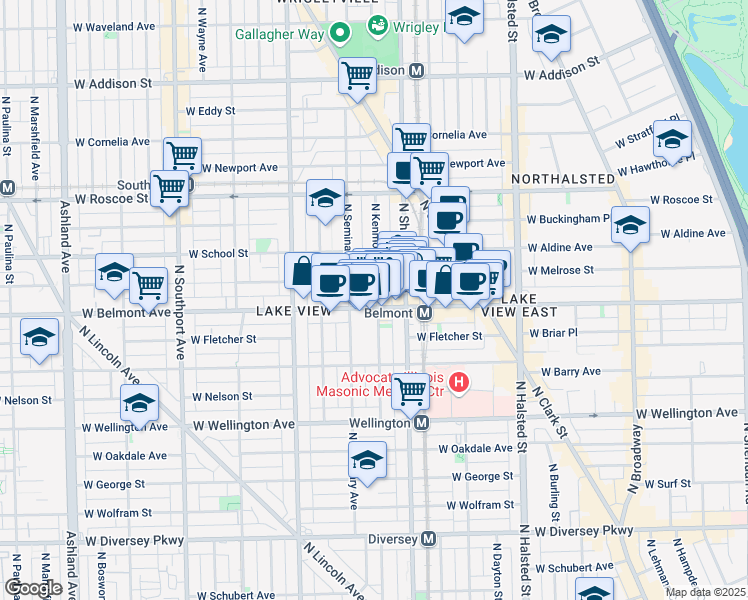 map of restaurants, bars, coffee shops, grocery stores, and more near 1034 West Belmont Avenue in Chicago