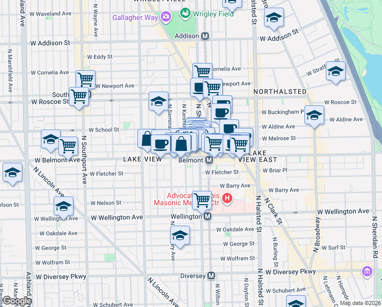 map of restaurants, bars, coffee shops, grocery stores, and more near 1016 West Belmont Avenue in Chicago