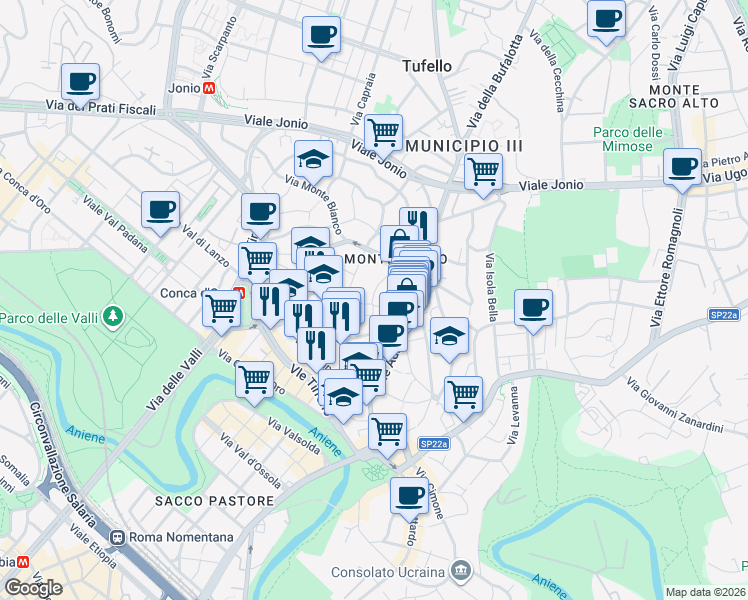 map of restaurants, bars, coffee shops, grocery stores, and more near 1 Via Col di Tenda in Rome