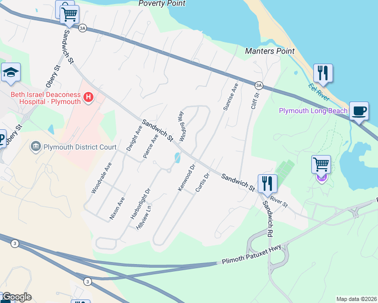 map of restaurants, bars, coffee shops, grocery stores, and more near 107 Winding Way in Plymouth